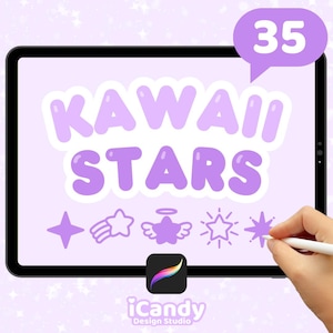 35 Cute Kawaii Star Procreate Stamp Brushes, Cute Celestial Sparkle Stamps, Aesthetic Shooting Stars, Commercial Use