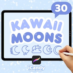 30 Cute Kawaii Moon Procreate Stamp Brushes, Celestial Lunar Dreamy Designs, Commercial Use