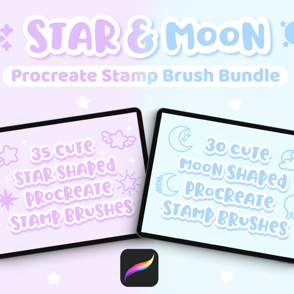 Star Moon Procreate Stamp Brushes Bundle, Cute Kawaii Brush Set, Aesthetic Shape Stamps, Sparkle, Crescent, Moons Phases, Commercial Use