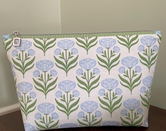 Bolsa de viaje con cremallera de algodón floral: bolsa de maquillaje con estampado azul y verde