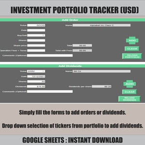 Puede incluir: Una captura de pantalla de una plantilla de hoja de c&aacute;lculo de Google para realizar un seguimiento de las &oacute;rdenes y los dividendos de una cartera de inversi&oacute;n. La plantilla tiene campos para el s&iacute;mbolo, la fecha, la compra/venta, las acciones, el precio de las acciones, el total, el total con comisiones, los dividendos, los dividendos por acci&oacute;n y los comentarios. La plantilla tambi&eacute;n tiene botones para agregar, borrar y recargar la cartera.