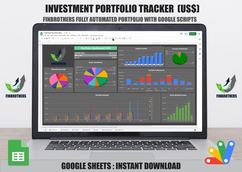 Puede incluir: Un ordenador port&aacute;til que muestra una hoja de c&aacute;lculo de Google Sheets con un panel de control de seguimiento de cartera. El panel de control incluye gr&aacute;ficos y diagramas que muestran el rendimiento de las inversiones, la asignaci&oacute;n por sector, la distribuci&oacute;n de dividendos y el capital invertido. El texto "INVESTMENT PORTFOLIO TRACKER (US$)" y "FINBROTHERS FULLY AUTOMATED PORTFOLIO WITH GOOGLE SCRIPTS" se muestra en la parte superior de la hoja de c&aacute;lculo. El texto "GOOGLE SHEETS: INSTANT DOWNLOAD" se muestra debajo del port&aacute;til.