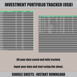 Puede incluir: Una captura de pantalla de una hoja de c&aacute;lculo de Google Sheet con el t&iacute;tulo "Investment Portfolio Tracker (USD)". La hoja de c&aacute;lculo tiene dos tablas, una etiquetada como "Fecha" y la otra como "Comprar/Vender". Las tablas contienen datos sobre acciones, acciones, dividendos netos y comentarios.
