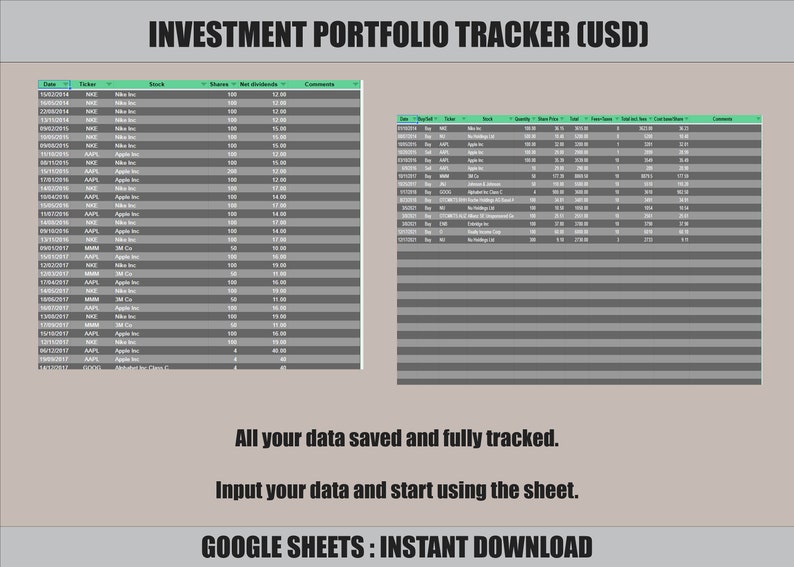 Puede incluir: Una captura de pantalla de una hoja de c&aacute;lculo de Google Sheet con el t&iacute;tulo "Investment Portfolio Tracker (USD)". La hoja de c&aacute;lculo tiene dos tablas, una etiquetada como "Fecha" y la otra como "Comprar/Vender". Las tablas contienen datos sobre acciones, acciones, dividendos netos y comentarios.