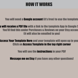 Puede incluir: Una imagen de texto que explica c&oacute;mo acceder a una plantilla de Google Sheets. La imagen incluye el texto "HOW IT WORKS" e instrucciones sobre c&oacute;mo acceder a la plantilla utilizando una cuenta de Google y un archivo PDF.