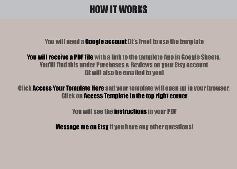 Puede incluir: Una imagen de texto que explica c&oacute;mo acceder a una plantilla de Google Sheets. La imagen incluye el texto "HOW IT WORKS" e instrucciones sobre c&oacute;mo acceder a la plantilla utilizando una cuenta de Google y un archivo PDF.