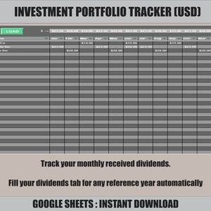Puede incluir: Una hoja de c&aacute;lculo gris y blanca con el t&iacute;tulo "Investment Portfolio Tracker (USD)". La hoja de c&aacute;lculo tiene columnas para el a&ntilde;o, el s&iacute;mbolo, el nombre y los dividendos mensuales. El a&ntilde;o es 2021. Los s&iacute;mbolos son MMM, AAPL y NKI. Los nombres son 3M Co, Apple Inc y Nike Inc.