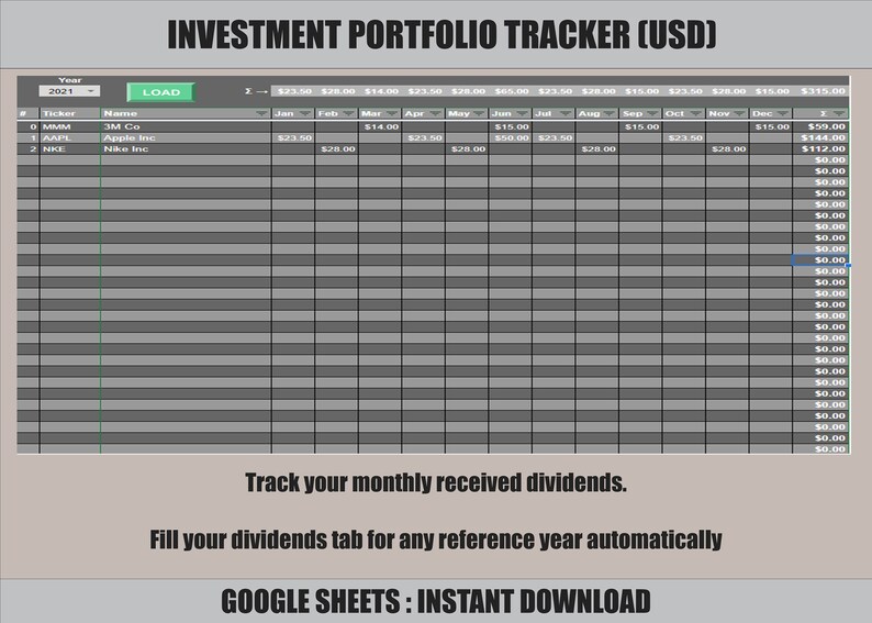 Puede incluir: Una hoja de c&aacute;lculo gris y blanca con el t&iacute;tulo "Investment Portfolio Tracker (USD)". La hoja de c&aacute;lculo tiene columnas para el a&ntilde;o, el s&iacute;mbolo, el nombre y los dividendos mensuales. El a&ntilde;o es 2021. Los s&iacute;mbolos son MMM, AAPL y NKI. Los nombres son 3M Co, Apple Inc y Nike Inc.