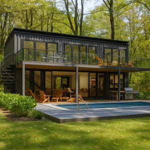May include: A modern two-story home constructed from shipping containers, featuring large glass windows and doors. The home has a balcony with seating, a spiral staircase, and a swimming pool. The exterior is dark gray, surrounded by lush green trees and grass.