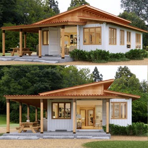 May include: Two-story modern house with a white exterior, wooden roof, and a covered porch. The house features large windows and a picnic table on the porch. The surrounding area is lush with green trees and bushes.