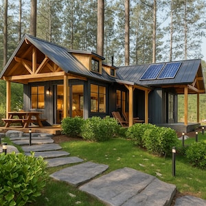 Puede incluir: Una cabaña moderna con exterior gris oscuro, detalles de madera y techo negro. La cabaña tiene un porche, una mesa de picnic y paneles solares. Un camino de piedra conduce a la cabaña.