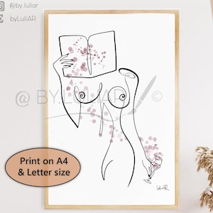 Poster astratto di donna. Regalo per amanti dei libri e del vino rosso. Ritratto di donna stampabile. Poster di donna con una sola riga. Disegno con una sola riga.