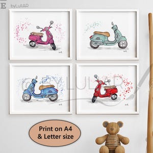 Conjunto de 4 Laminas de Scooter. Ilustración de Vespa clasica. Scooters en acuarela. Motocicleta italiana. Impresión de arte de vehículos.