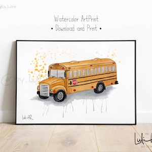 School bus watercolor poster. Student bus poster. Yellow school bus wall art. Transportation vehicle for School Children. School bus print
