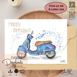 Cartão de aniversário para impressão para marido. Cartão de aniversário para amantes da Itália. Cartão de aniversário para impressão para amantes de Vespa. Scooter de aniversário para impressão