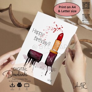 Biglietto di auguri di compleanno per gli amanti del rossetto rosso. Biglietto di auguri di compleanno stampabile per una diva. Biglietto di auguri di compleanno glamour da stampare. Biglietto di auguri di compleanno stampabile per lei