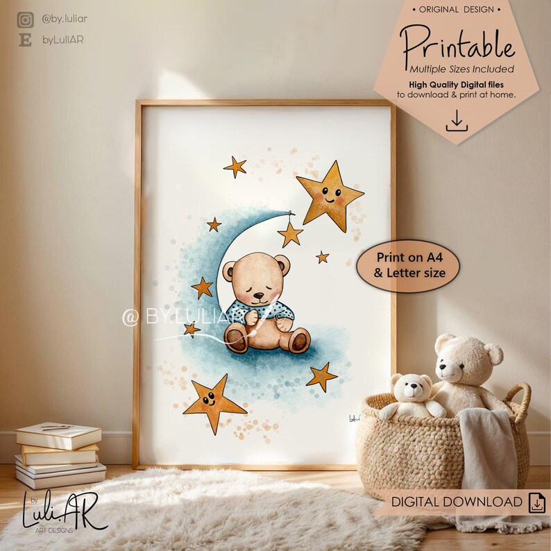 Watercolor Bear on the Moon Printable Art, Moon and Stars Gender ...
