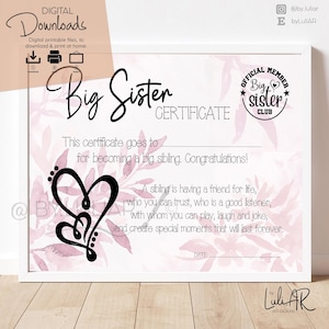 Printable Big Sister Certificate. Big Sister Gift. Promoted to Big sister. Big sister announcement. New Baby announcement for Siblings.