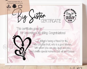 Big Sister Certificate: New Sibling Gift. Baby Reveal Announcement. Family Keepsake. Promotion Award for Older Sister. Sister to be.
