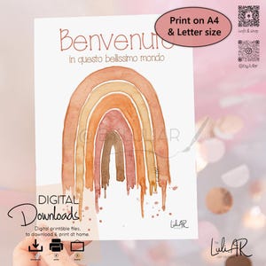 Auguri per la nascita imprimível. Cartão de bebê imprimível com arco-íris Boho. Cartão de boas-vindas para bebê imprimível. Parabéns em italiano. Cartão de recém-nascido