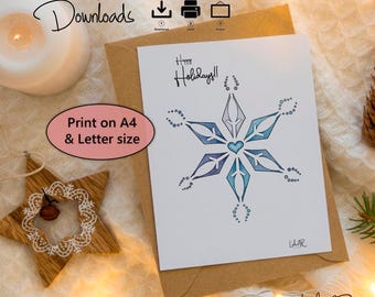 Może przedstawiać: Kartka okolicznościowa ze wzorem płatka śniegu w odcieniach niebieskiego i fioletowego, z napisem "Happy Holidays!!" i "Print on A4 & Letter size". Karta jest na brązowej kopercie.