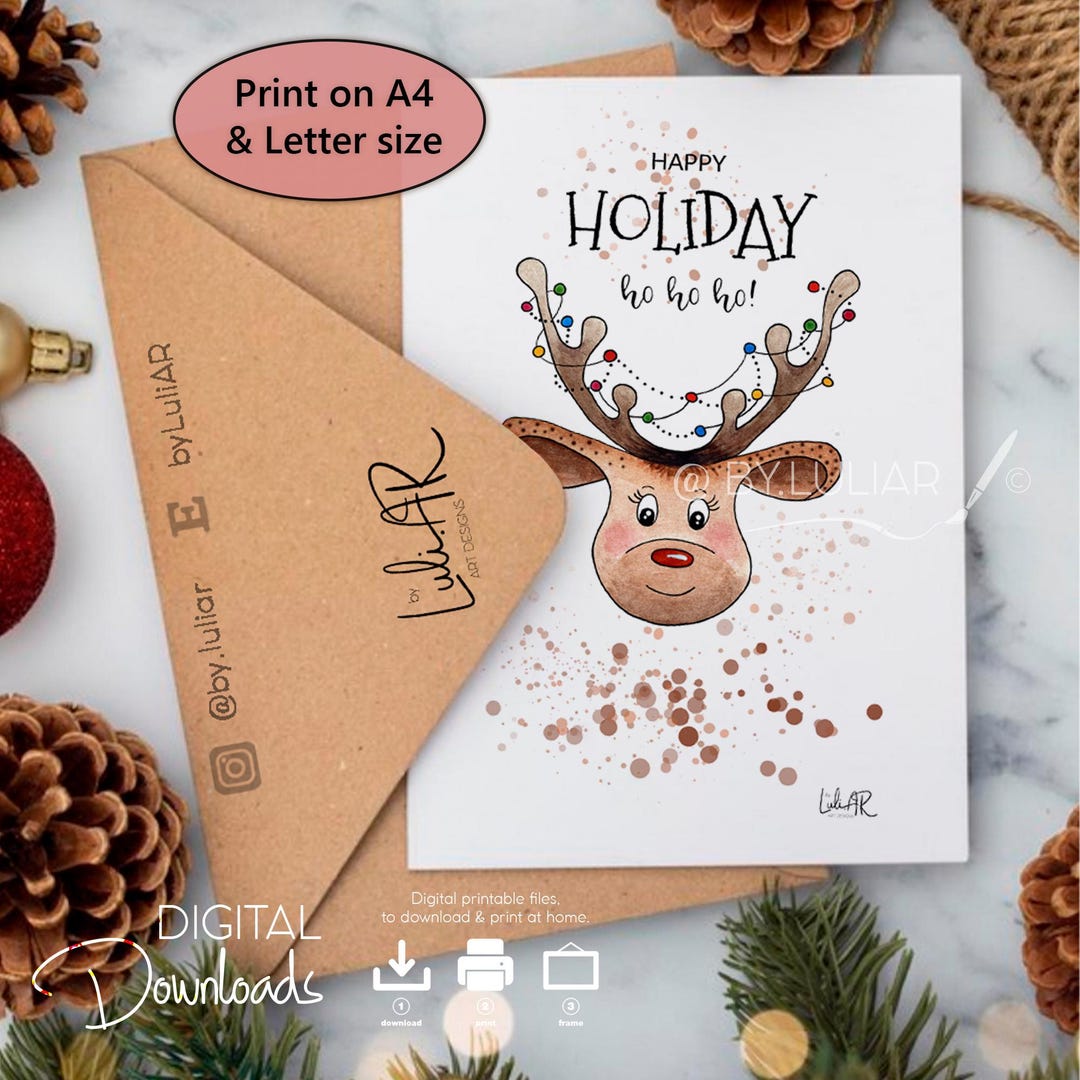 Printable Santa's Reindeer Card. Watercolor Christmas Reindeer. Printable Rudolph the Red-nosed ...