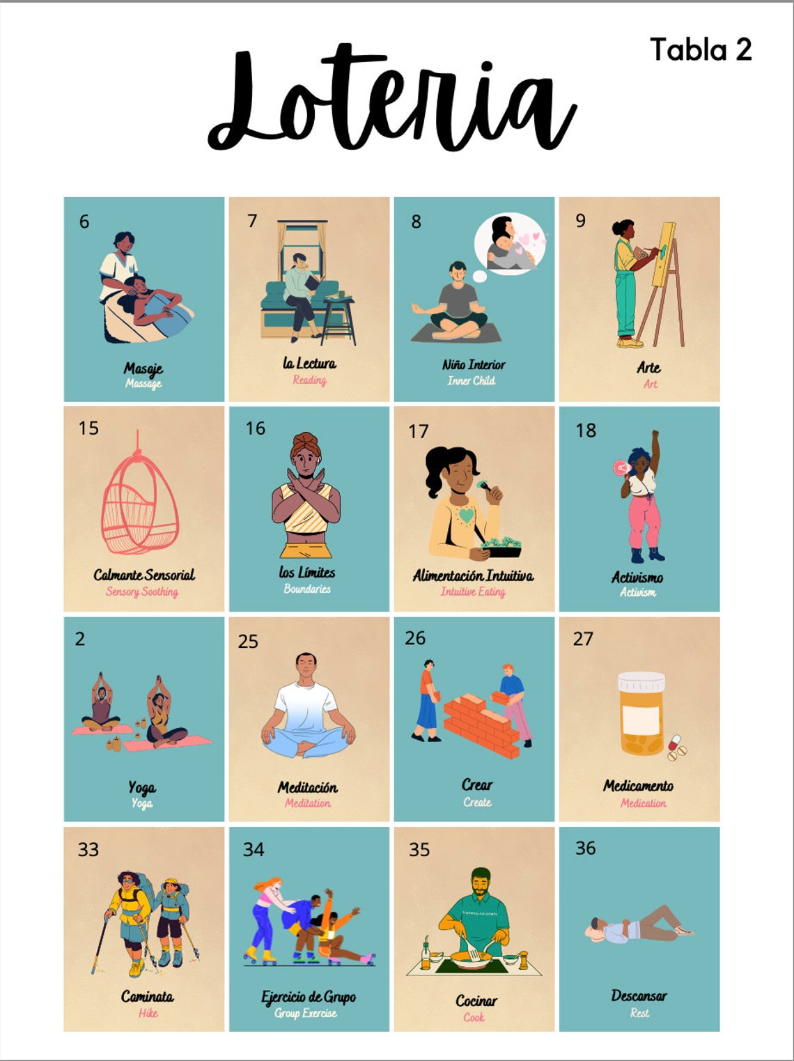 30 Tablas - INSTANT DOWNLOAD - Wellness Loteria - English & Spanish - Etsy