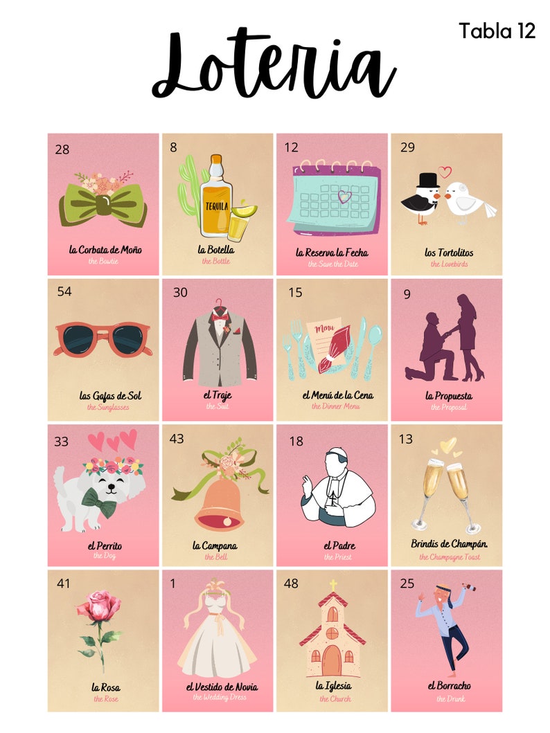 40 Tablas INSTANT DOWNLOAD bridal Shower Loteria Spanish & English ...