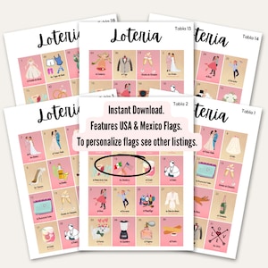50 Tablas -INSTANT DOWNLOAD -Bridal Shower Loteria - Spanish & English - Mexico and U.S. Flags