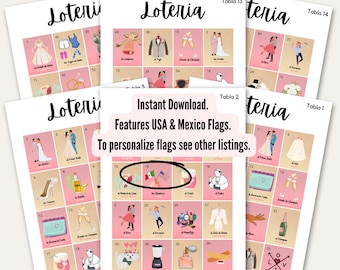 40 Tablas -INSTANT DOWNLOAD -Bridal Shower Loteria - Spanish & English - Mexico and U.S. Flags