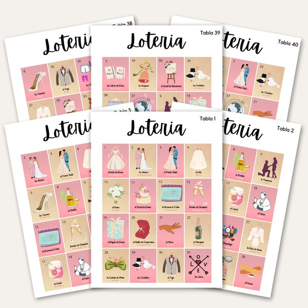 40 Tablas - CUSTOM Bridal Shower Loteria - Free Flag Personalization - Spanish & English