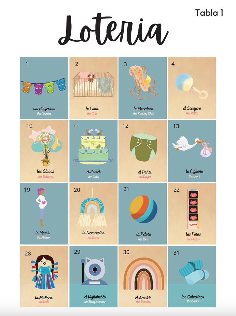 40 Tablas -INSTANT DOWNLOAD - Teal Baby Shower Loteria - Spanish ...