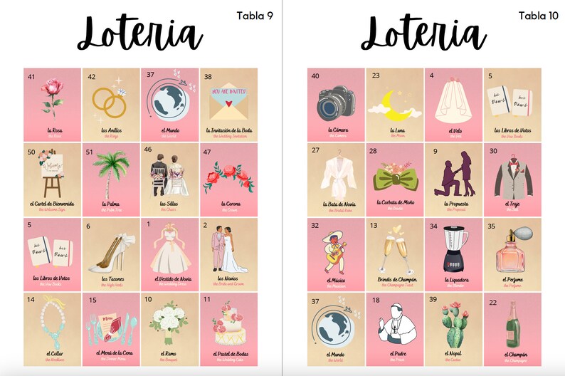 40 Tablas INSTANT DOWNLOAD bridal Shower Loteria Spanish & English ...