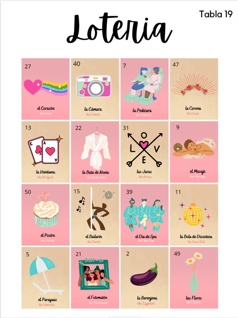 30 Tablas -INSTANT DOWNLOAD -bachelorette Loteria - Spanish & English ...
