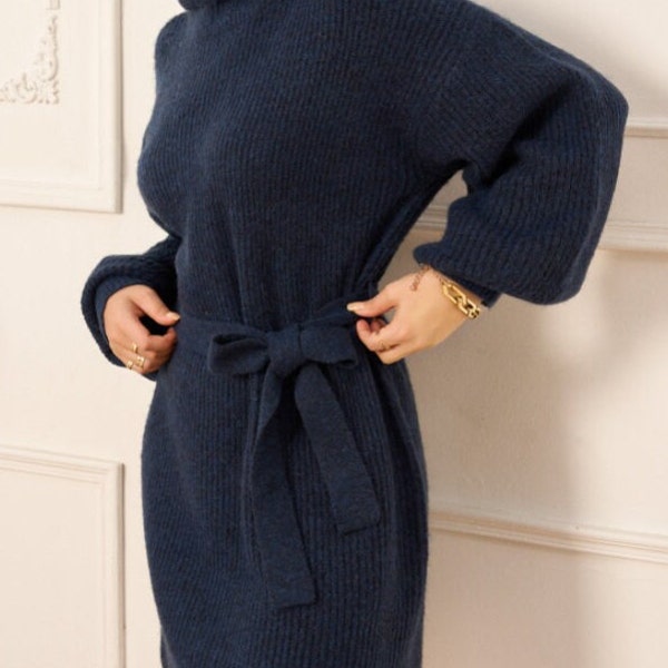 Pull robe Tanya, robe maille, robe col roulé, robe chic, robe laine