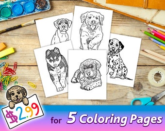 PACK of 5 PRINTABLE Puppy Coloring Pages for Kids - Downloadable PDF Files