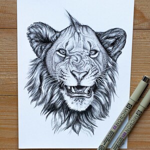 Lion Art, Lion Print Art, Lion Printable Art, Lion Digital Art, Lion Digital Print, Lion Portrait, Black and White, Ink Art, Wildlife Art