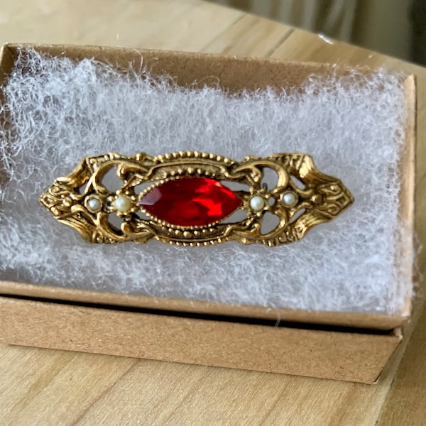 Vintage Red Rhinestone Brooch - Gold Tone Bar with Opal Beads, Elegant Accessory for Blazer or Shirt, Retro Fashion Gift