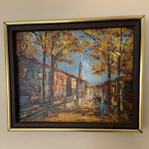 Vintage Mary Botto Signed Oil Painting – Early Fall Cityscape, 10x8 Framed Original Artwork