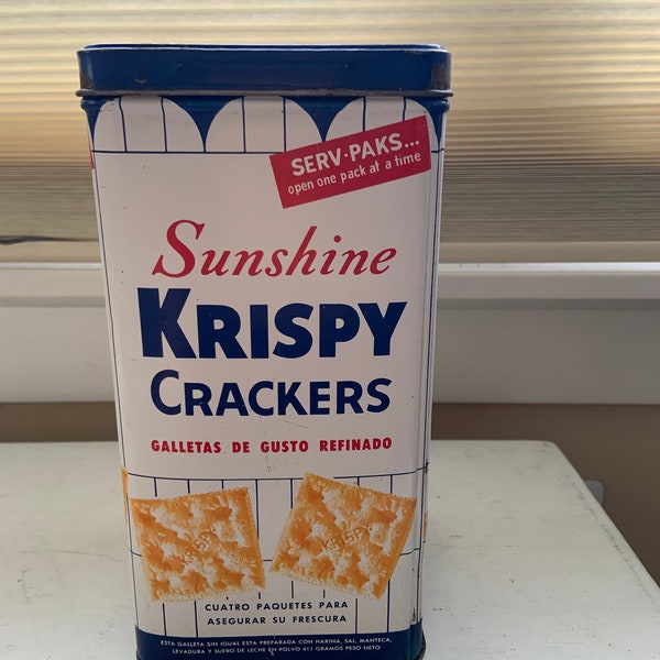 Sunshine Crispy Saltine Cracker Tin - Vintage Bilingual Advertising, Red/White/Blue Farmhouse Decor, Unique Collector's Item