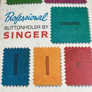 May include: Vintage advertisement for a Singer Professional Buttonholer. The image features colorful fabric swatches with stitched buttonholes in various shapes. The text reads "Professional Buttonholer by SINGER" and "What's new for tomorrow is at SINGER today!"