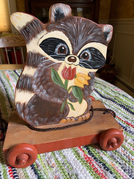 Vintage Handcrafted Raccoon Pull Toy, Woodland Animal, Ideal Gift