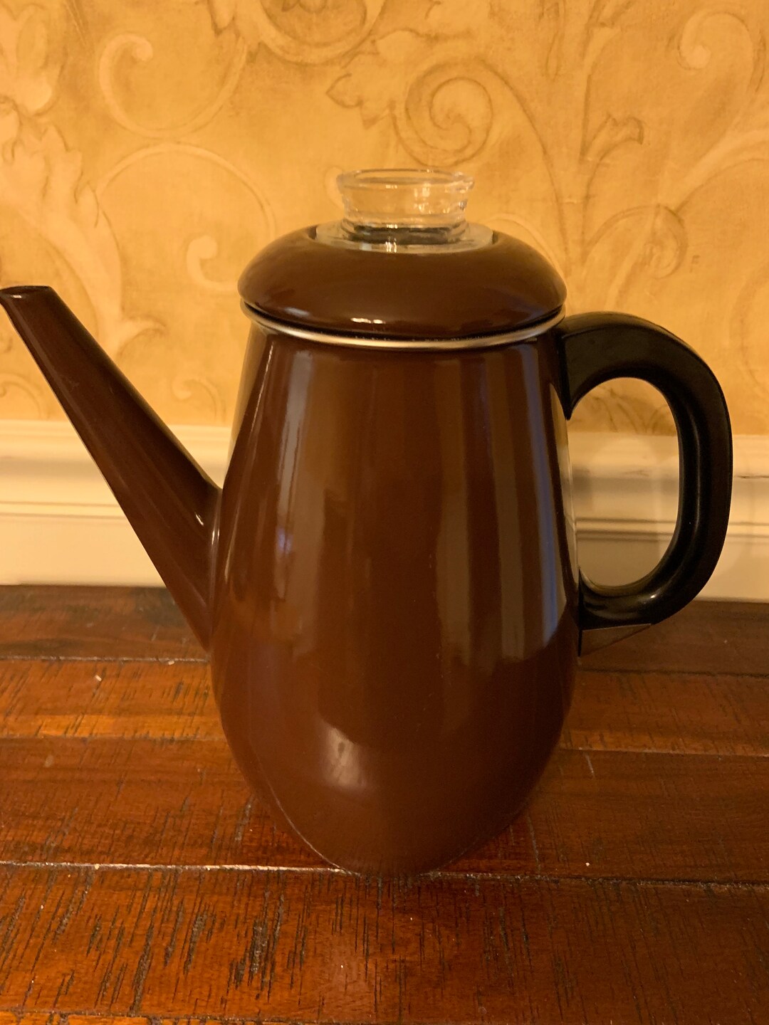 Vintage Coffee Pot, Stove Top Percolator, Brown Enamel, 1960s Era, Made