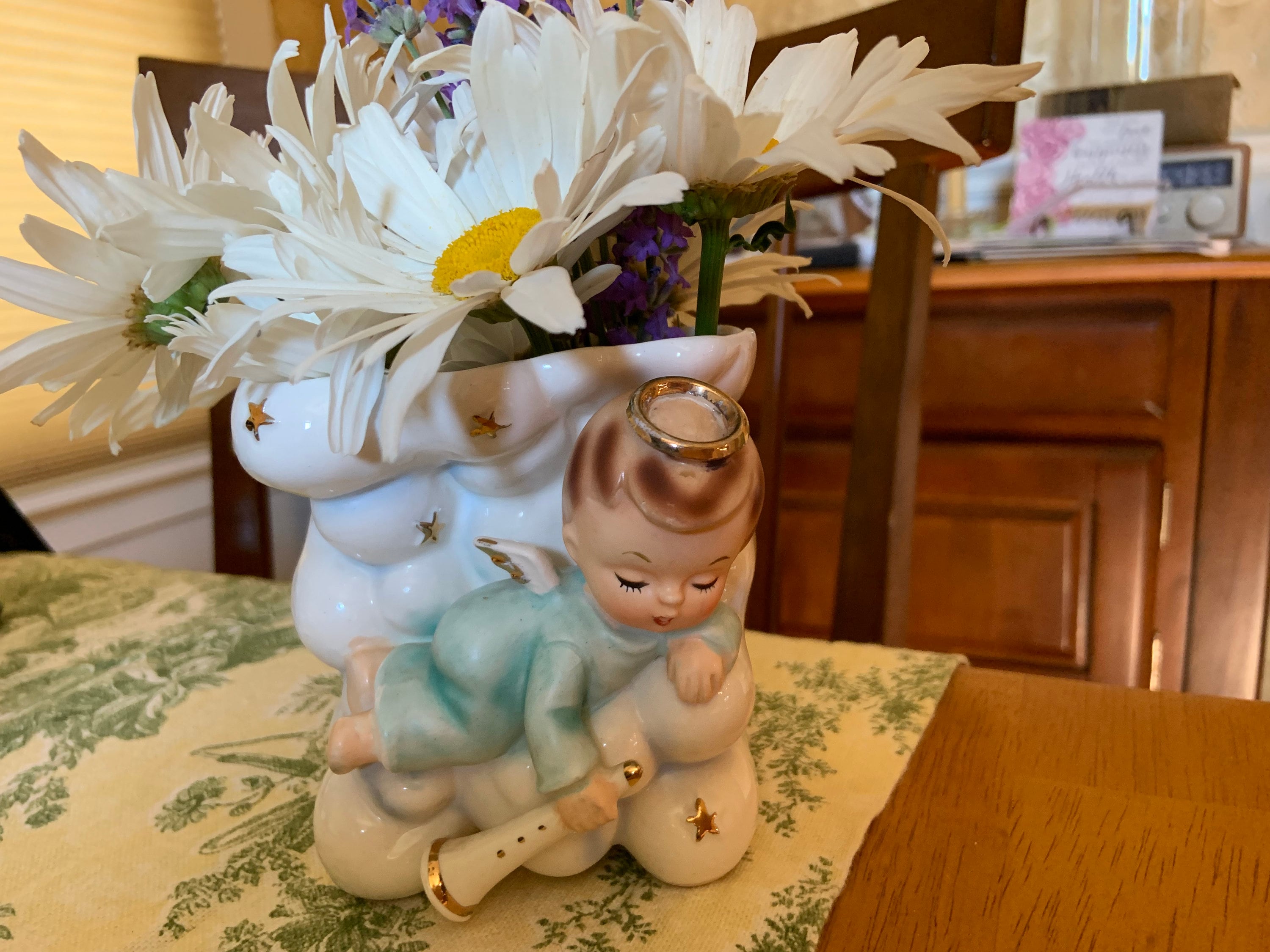 Rare Vintage Enesco Japan Angel Planter Vase Baby Blue Cherub With