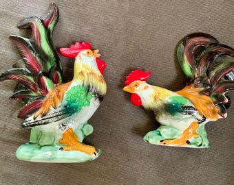 Vintage Japan Rooster Figurines Pair Hand Painted Ceramic Chickens 1950s Farmhouse Kitchen Decor Mid Century Pottery
