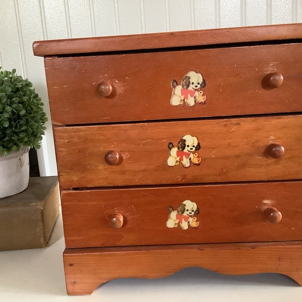 Vintage Wooden Doll Chest, Handcrafted 3-Drawer with Dog Decals, Charming Nursery Organizer, Unique Child’s Gift