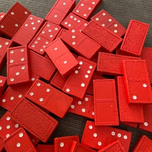 Vintage Red Wooden Dominoes 56-Piece Double Set • Carved Back Domino Tiles • Double-Six x2 • Retro Game Set • with White Pips