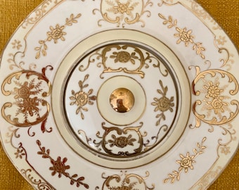 Vintage Hand Painted Japan Porcelain Wall Plaque & Covered Vanity Jar, Gold Floral Decor, Cottage Chic, Hollywood Regencyt