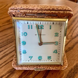 Vintage Broadway Travel Alarm Clock Germany – Tan Leather Case Gold Dial Mid Century