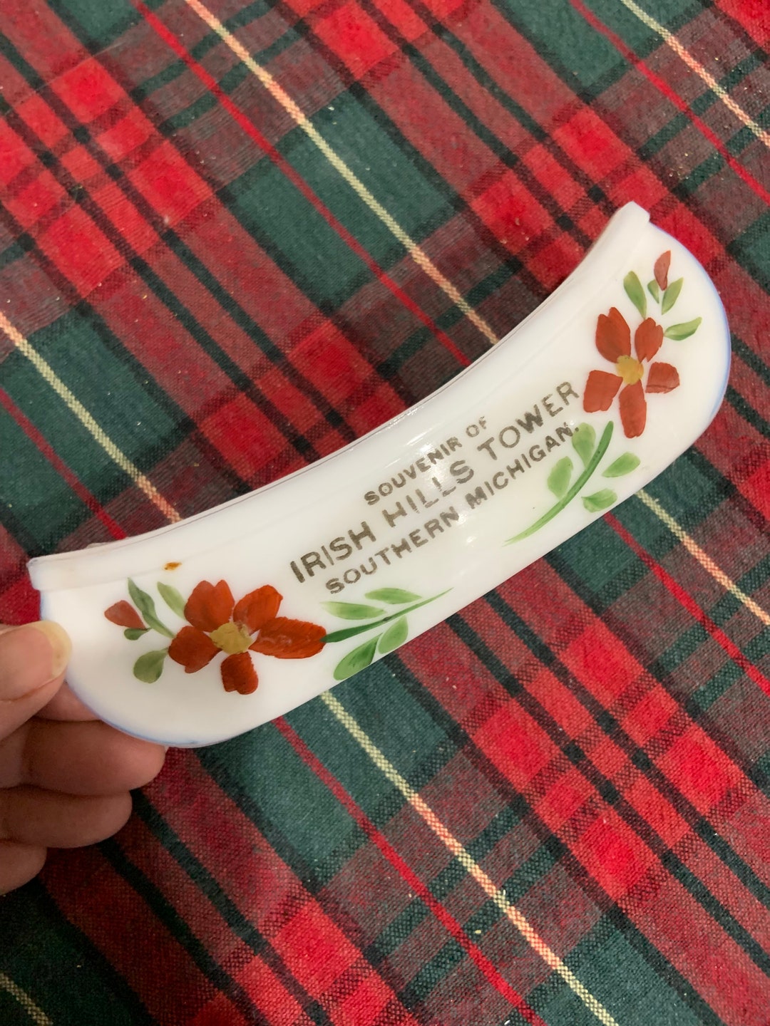 Vintage Milk Glass Canoe Handpainted Irish Hills Tower Souvenir